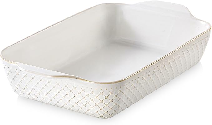 DOWAN 9x13 Deep Lasagna Baking Dish, Ceramic Casserole Dish for Oven, 4 Quarts Embossed Baking Pan with Handles, Oven Safe Bakeware for Roasting, Desserts, Durable & Giftable, Arctic White by DOWAN