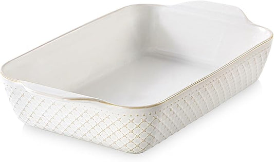 DOWAN 9x13 Deep Lasagna Baking Dish, Ceramic Casserole Dish for Oven, 4 Quarts Embossed Baking Pan with Handles, Oven Safe Bakeware for Roasting, Desserts, Durable & Giftable, Arctic White by DOWAN