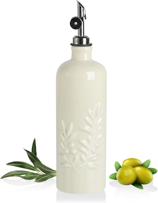 Sweejar 18 Oz Oil Dispenser for Kitchen with Gravity Spout, Ceramic Olive Oil Dispenser Bottle, Relief Opaque Vinegar Container for Evoo, Vinegar, Soy Sauce, Pack of 1(Beige, Silver Spout) by Sweejarco1949