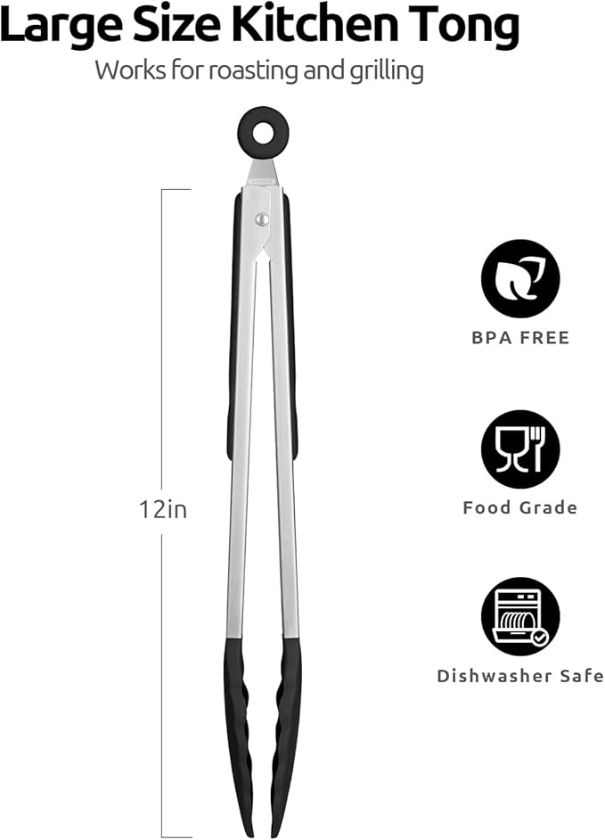 600ºF Heat Resistant Kitchen Tongs: U-Taste 12 inch Large Silicone Cooking Tong with Sturdy Non Stick Rubber Tips & Silicon Coated 18/8 Stainless Steel Handle & Smooth Locking for Serving Grill(Black) - Image 2