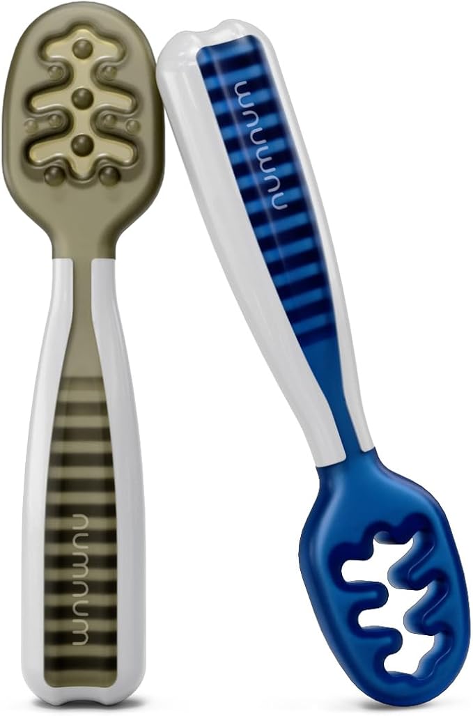 NumNum Baby Spoons Set, Baby Essentials Pre-Spoon GOOtensils for 6+ Months, First Stage Self-Feeding Spoons for Baby Led Weaning (BLW), Silicone Toddler Utensils, BPA-Free, 2 Pack Olive/Newbury Navy by NumNum