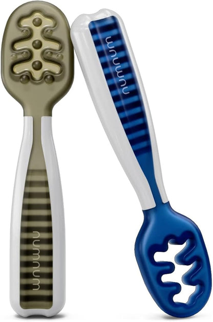 NumNum Baby Spoons Set, Baby Essentials Pre-Spoon GOOtensils for 6+ Months, First Stage Self-Feeding Spoons for Baby Led Weaning (BLW), Silicone Toddler Utensils, BPA-Free, 2 Pack Olive/Newbury Navy by NumNum
