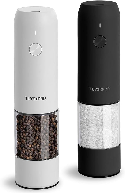 Electric Salt and Pepper Grinder Set, USB Rechargeable, Automatic Salt and Pepper Mill Grinder with Adjustable Coarseness, Electric Salt Shakers, LED Light, Refillable (2 Packs, Black&White) by TLYSXPROOfficial