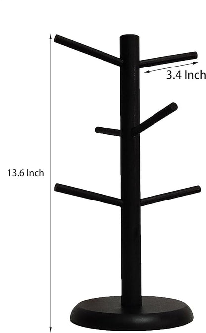 Dorhors Mug Tree,Coffee Cup Holder with 6 Hooks,Wood Mug Holder for Counter,Coffee Bar Accessories and Orgnizer station (Balck)