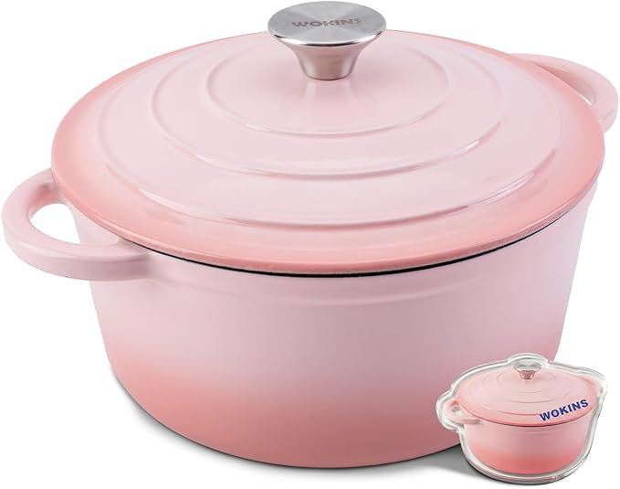 Enameled Cast Iron Dutch Oven - 7QT Pot with Lid,Oven Safe to 500°F,Heavy-Duty Cookware for Sourdough Bread Baking,Braising,Stews,Roasting Pink by WOKINS