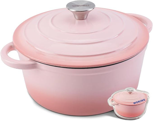 Enameled Cast Iron Dutch Oven - 5.5QT Pot with Lid,Oven Safe to 500°F,Heavy-Duty Cookware for Sourdough Bread Baking,Braising,Stews,Roasting Pink by WOKINS