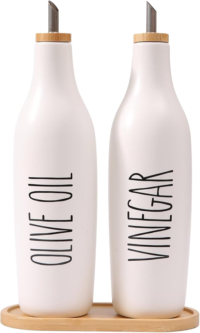 HOMCDALY Olive Oil and Vinegar Dispenser Set, 16oz Ceramic Oil Dispenser for Kitchen, Kitchen Dispenser Bottle for EVOO Vinegar Syrups, Modern Farmhouse Design | Set of 2 – P-White by HOME
