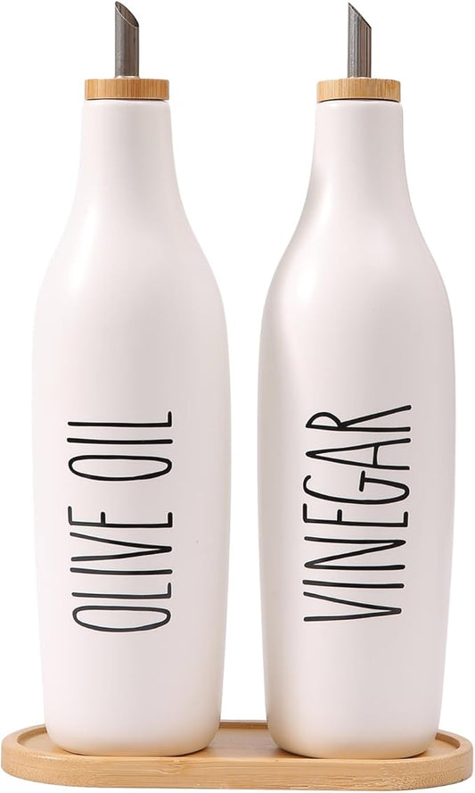 HOMCDALY Olive Oil and Vinegar Dispenser Set, 16oz Ceramic Oil Dispenser for Kitchen, Kitchen Dispenser Bottle for EVOO Vinegar Syrups, Modern Farmhouse Design | Set of 2 – P-White by HOME