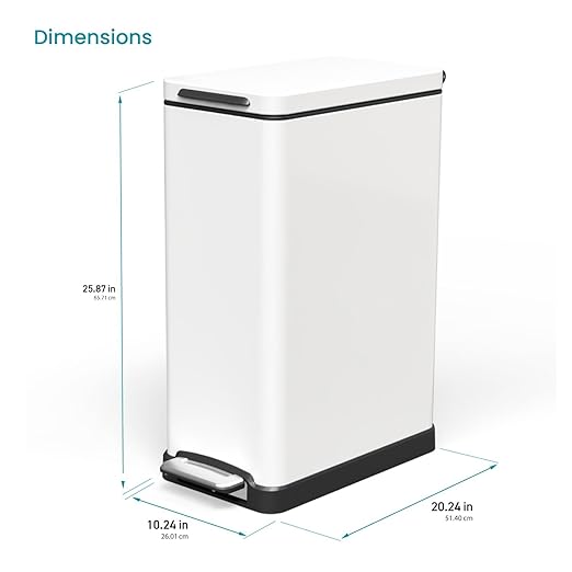 Home Zone Living 12 Gallon Slim Kitchen Trash Can with Soft Close Lid, Step Pedal, Bag Tuck Band, and Removable Liner, Stainless Steel, Matte White - Image 7