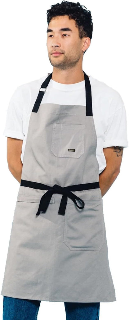 Caldo Daily Cotton Kitchen Apron for Cooking- Mens and Womens Professional Chef or Server Bib Apron - Adjustable Straps with Pockets and Towel Loop (Grey) by Caldo
