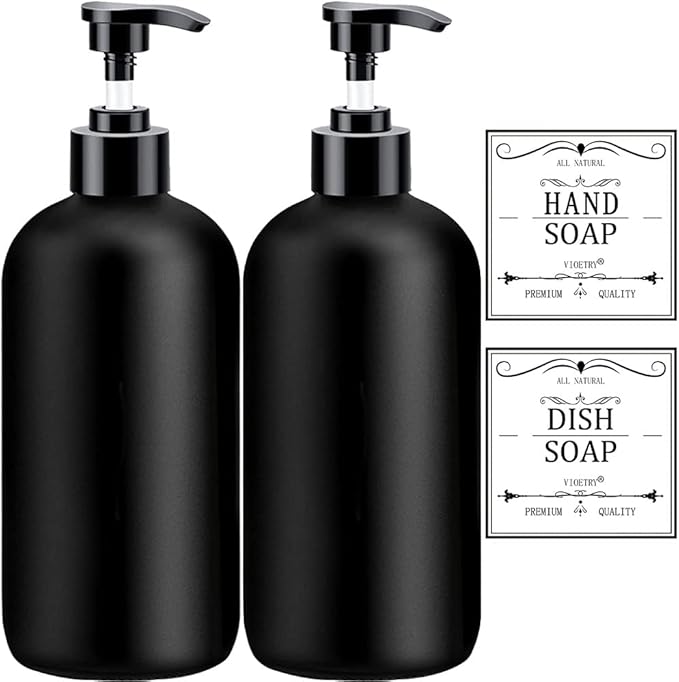 Black Soap Dispenser with Rust Proof Pump, Waterproof Labels (2 Pack,16 Oz), Plastic Hand Soap Dish Soap Dispenser for Kitchen, Premium Thick Soap Pump Bottles by XLENT