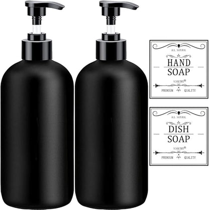 Black Soap Dispenser with Rust Proof Pump, Waterproof Labels (2 Pack,16 Oz), Plastic Hand Soap Dish Soap Dispenser for Kitchen, Premium Thick Soap Pump Bottles by XLENT