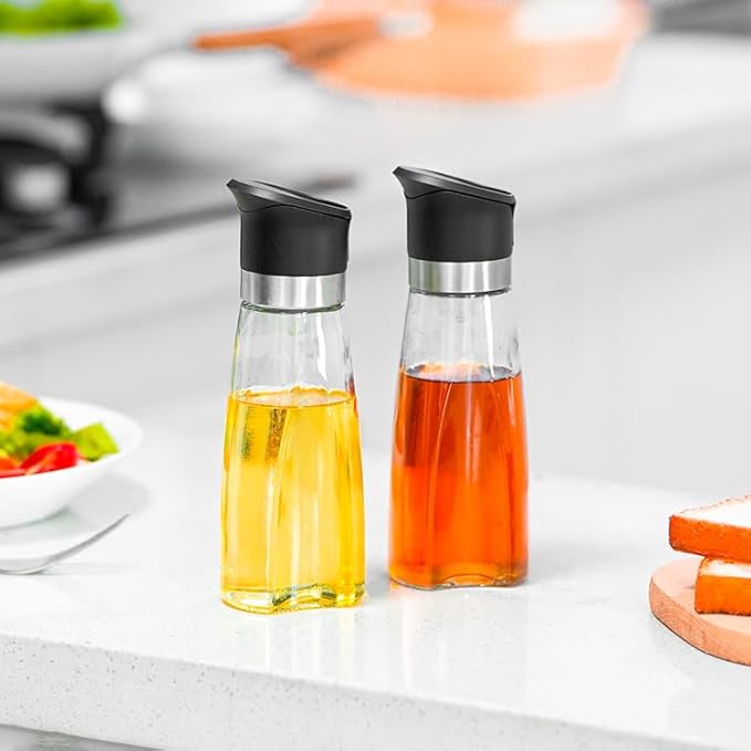 Premium Glass Olive Oil and Vinegar Dispenser Bottles Set, 2-Piece 11oz Kitchen Cooking Cruet with Auto-Open Lid, Non-Drip Pouring Spout, Oil Infuser Filter, Dishwasher Safe