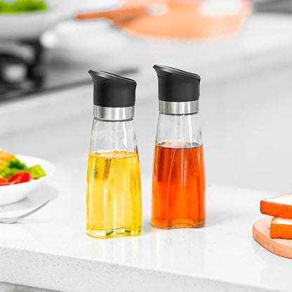 Premium Glass Olive Oil and Vinegar Dispenser Bottles Set, 2-Piece 11oz Kitchen Cooking Cruet with Auto-Open Lid, Non-Drip Pouring Spout, Oil Infuser Filter, Dishwasher Safe