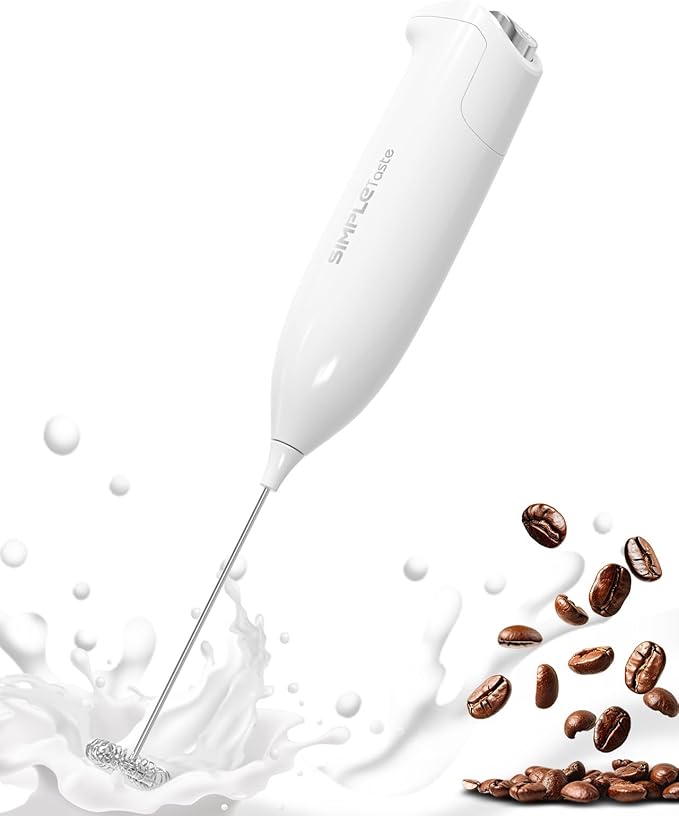 SIMPLETASTE Milk Frother Handheld Electric Foam Maker, Drink Mixer with Stainless Steel Whisk for Cappuccino, Bulletproof Coffee, Latte, Blizzard White, without Stand, Battery Operated by SIMPLETaste