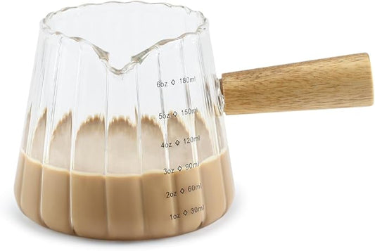 Glass Measuring Cup, 6oz Creamer Pitcher with Wood Handle, Creative Milk Frothing Pitcher Creamer Shot Glass (Transparent)