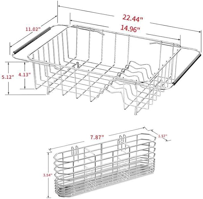 JAQ Over Sink Dish Drying Rack, Expandable 14.96"–22.44" Adjustable Dish Rack for Kitchen Sink, 304 Stainless Steel Dish Drainer with Utensil Holder, Space Saving for Small Sink