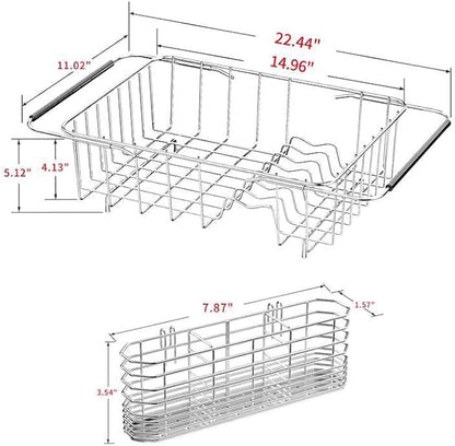 JAQ Over Sink Dish Drying Rack, Expandable 14.96"–22.44" Adjustable Dish Rack for Kitchen Sink, 304 Stainless Steel Dish Drainer with Utensil Holder, Space Saving for Small Sink