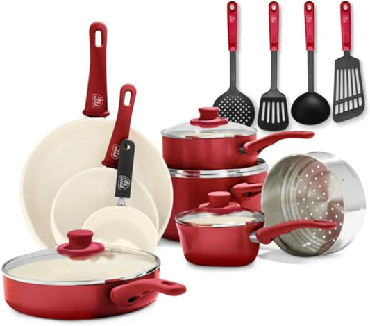 GreenLife 16 Piece Nonstick Cookware Set, Soft Grip Non-Toxic PFAS-Free Ceramic Pots & Pans, Dishwasher & Oven Safe, Frying, Sauce, Saute, Utensils, Glass Lids, Stay-Cool Handles, Wobble Free, Red by GreenLife