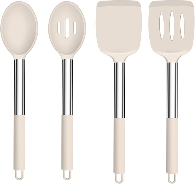 TeamFar Kitchen Utensils, 4 PCS Silicone Cooking Utensils Spatula Spoon Set with Stainless Steel Handle, for Frying Mixing Draining Turning, Healthy & Heat-proof, Non-stick & Dishwasher Safe - Khaki by TeamFar