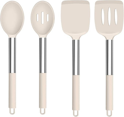TeamFar Kitchen Utensils, 4 PCS Silicone Cooking Utensils Spatula Spoon Set with Stainless Steel Handle, for Frying Mixing Draining Turning, Healthy & Heat-proof, Non-stick & Dishwasher Safe - Khaki by TeamFar