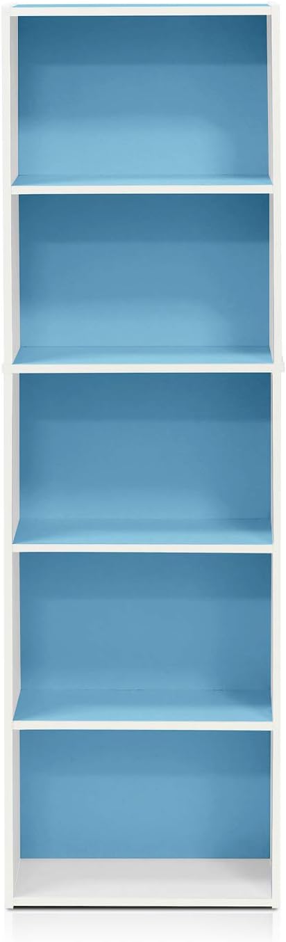 Furinno LUDER Book Shelf, 5-Tier Bookshelf, Bookcase with Open Shelves, 9.4 x 15.8 x 52, Easy Assembly, for Living Room, Bedroom, Home Office, White/Light Blue - Image 7