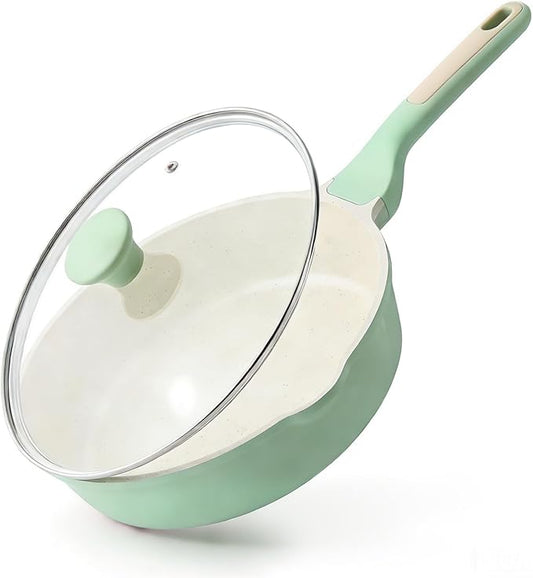 SENSARTE Nonstick Ceramic Skillet with Lid 10-inch, 3.5QT Non Toxic Deep Frying Pan, Dishwasher Safe Saute Pan with Lid, Stay-cool Handle, Healthy Induction Cooking Pot, Green by SENSARTE