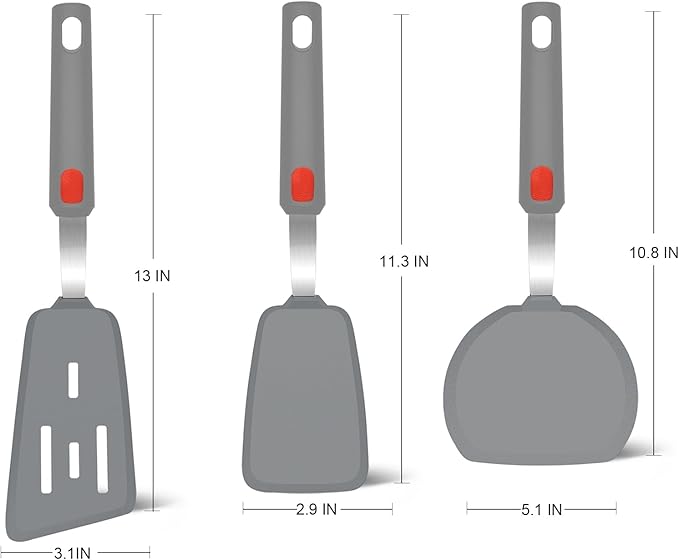 Silicone Spatula Turner Set of 3, Beijiyi 600°F Heat Resistant Cooking Spatulas for Nonstick Cookware, Large Flexible Kitchen Utensils BPA Free Rubber Spatula Set for Egg, Pancake, Fish (Gray) - Image 2