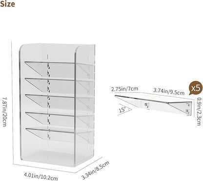 PAVSTINE Medicine Cabinet Organizer with Adjustable Dividers, Clear Vertical Layered Backward Slanting Shelves for Pressed Powder/Lip Gloss/Mascara Storage (5-Tier Gentle Slant)