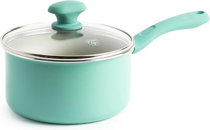 GreenLife Soft Grip Diamond Sandstone Healthy Ceramic Nonstick, 2QT Saucepan Pot with Lid, PFAS-Free, Dishwasher Safe, Turquoise and Cream by GreenLife