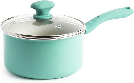 GreenLife Soft Grip Diamond Sandstone Healthy Ceramic Nonstick, 2QT Saucepan Pot with Lid, PFAS-Free, Dishwasher Safe, Turquoise and Cream by GreenLife