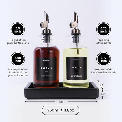 Molimoli Oil and Vinegar Dispenser with Metal Pour Spout, Weighted Pourer, Glass Bottle Dispenser for Kitchen w. Ceramic Tray|Black, 350ml, Set of 2 - Image 4