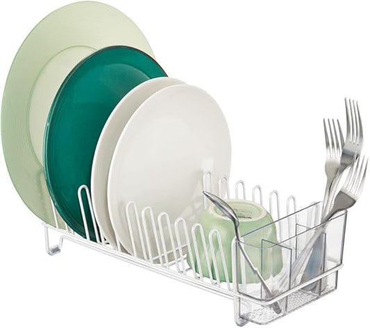 mDesign Kitchen Sink Dish Drainer – Small Metal and Plastic Dish Rack for Kitchen Sink – Dish Drying Rack with Drip Tray for Plates and Cutlery Basket – White/Clear