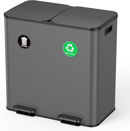 Lovewind Dual Trash and Recycling Bins for Kitchen, 2 * 11-Gallon Stainless Steel Double Trash Can, Step-On Garbage and Recycle Combo, Quiet Close, Pet-Proof, Compatible with 13-Gallon Bags, Grey by LOVEWIND