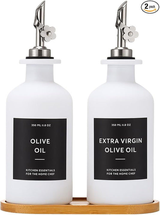 HOMCDALY Olive Oil Dispenser for Kitchen, 11.8oz Glass kitchen Dispenser Bottle, White Oil&Vinegar Cruet Set, Leakproof Oil Bottle for Cooking| Set of 2 (11.8oz – White) by HOME