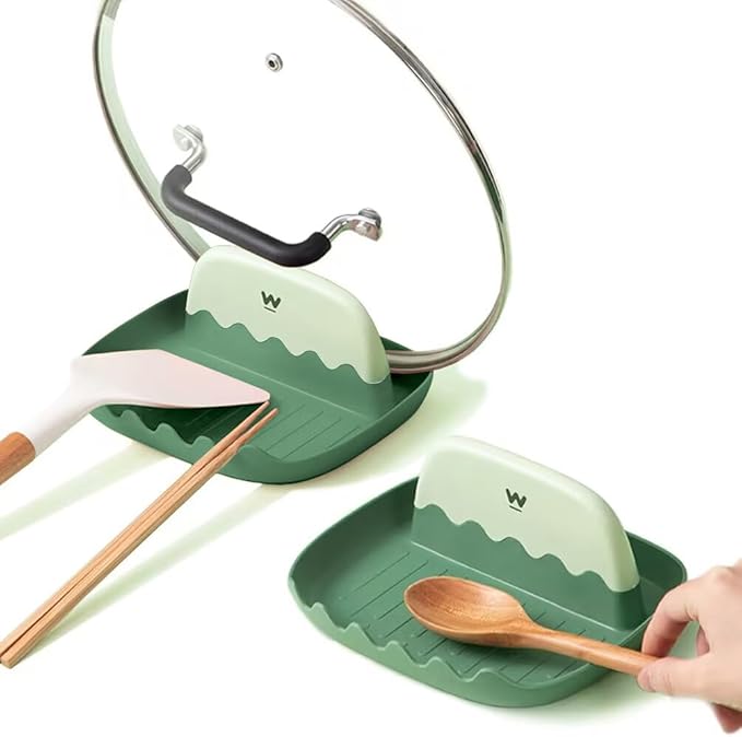 2 Pack Lid and Spoon Rest for Kitchen Counter, Cooking Ladle/Spatula/Spoon Holder for Stove Top, Utensil Rest with Pot Lid Holder for Countertop, Kitchen Gadget Rack, Christmas Cooking Accessories by IYOOH