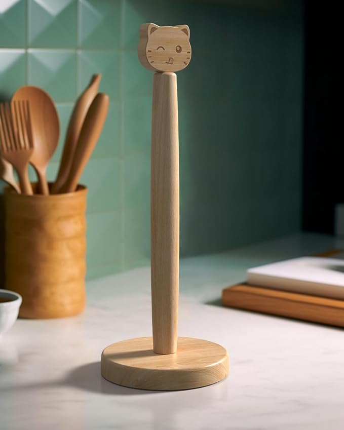 KitchLife Cute Wooden Paper Towel Holder Countertop - Solid Freestanding Paper Towel Dispenser Stand Organizer with Anti-Skid Base (Cat) by OverDoorHooksKitchenSupplies