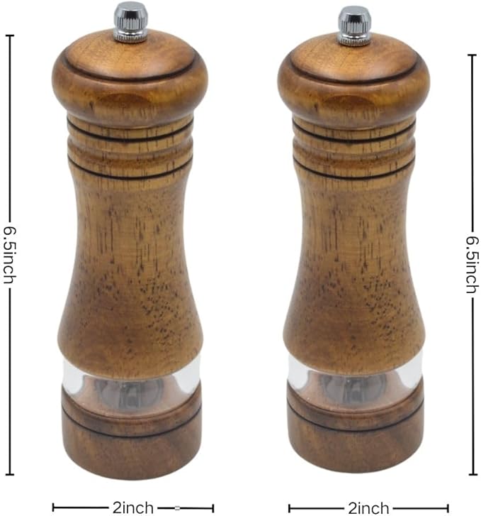 Classic Salt and Pepper Grinder Set,Refillable Salt and Pepper Mills,Manual Oak Wood Salt Grinder,Pepper Grinder,Visible Adjustable Ceramic Grinding Rotor,2 Packs Set,6.5 Inch Each