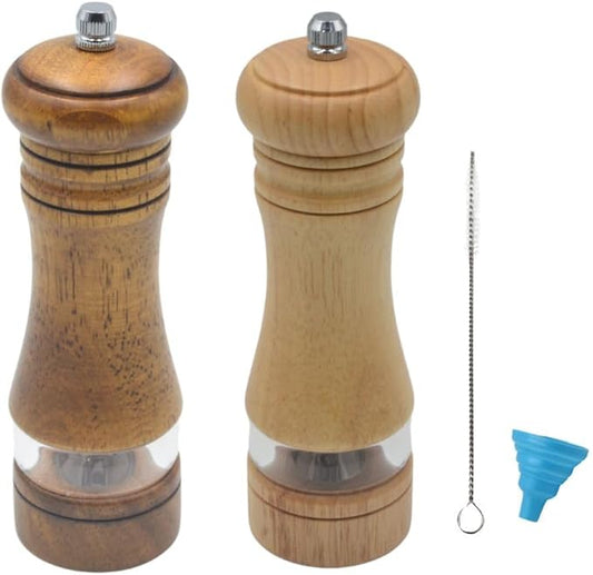 Classic Salt and Pepper Grinder Set,Refillable Salt and Pepper Mills,Manual Oak Wood Salt Grinder,Pepper Grinder,Visible Adjustable Ceramic Grinding Rotor,2 Packs set, 6.5 inch Each