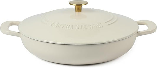 Martha Stewart Gatwick 3.5-Quart Enameled Cast Iron Dutch Oven Braiser – Linen with Gold Knob – Durable Heavy-Duty Braising Pot for Slow Cooking and Searing
