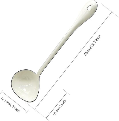 White Soup Ladle Spoons 13.7 Inch Big Serving Cooking Spoons Enamel Steel Stew Gravy Ladles for Serving
