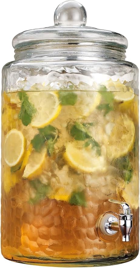 MosJos 3 Gallon Classic Hammered Glass Ice Cold Beverage Drink Dispenser - With Glass Lid 100% Leak Proof Spigot- Wide Mouth Easy Filling For Outdoor, Parties & Daily Use by MosJos