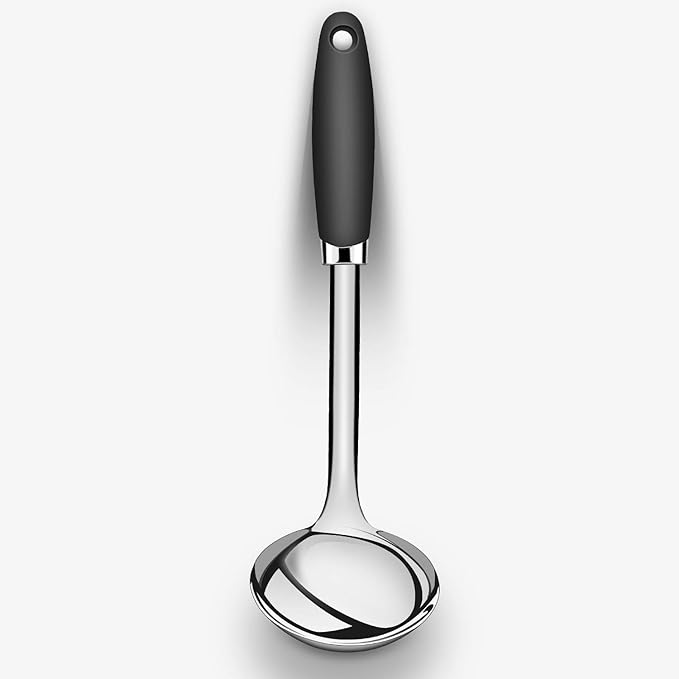 12 Inch Soup Ladle, Black Stainless Steel Ladle Spoon with Comfortable Handle, Long Handle Soup Serving Spoon for Cooking, Stews, Sauce, Gravy, Broth, Kitchen Utensil