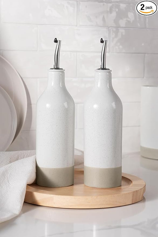 famiware Milkyway 16oz Ceramic Olive Oil Dispenser Bottle, Olive Oil and Vinegar Dispenser Bottle Set of 2 with Stainless Steel Pourers, Suitable for Storage Vinegar, Soy Sauce, Liquids, White