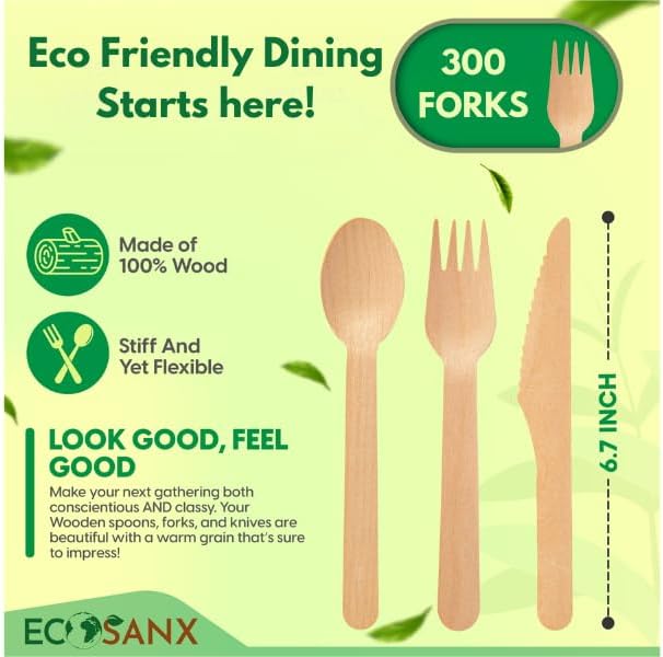 ECOSANX® 300 PCs Wooden forks for eating 6.5" Splinter Free Compostable Forks, Eco-Friendly Wooden Cutlery for Party & Outdoor, Disposable forks for Camping, Events & More - Image 2
