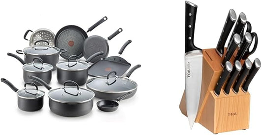T-fal 28 Piece Set Ultimate Hard Anodized Nonstick Cookware Set With Ice Force Stainless Steel Kitchen Knife Set and Wood Block by T-falbrand