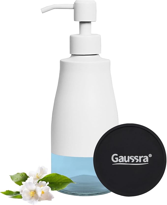 Gaussra White Soap Dispenser with Coaster and Stickers, Stainless Steel and Glass Bottle Hand Pump Dispenser, Refillable Liquid Hand Soap Dispenser for Bathroom & Kitchen (11OZ / 320ML) by Gaussra