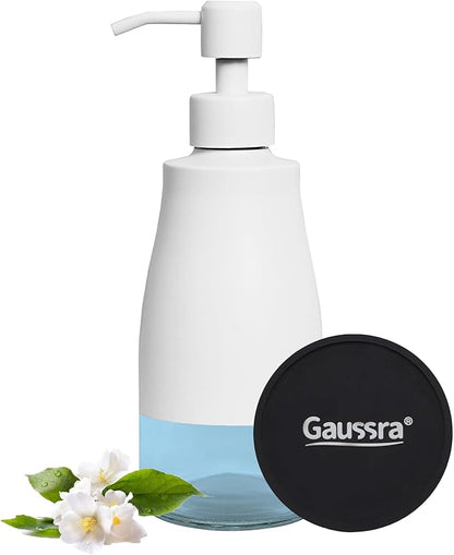 Gaussra White Soap Dispenser with Coaster and Stickers, Stainless Steel and Glass Bottle Hand Pump Dispenser, Refillable Liquid Hand Soap Dispenser for Bathroom & Kitchen (11OZ / 320ML) by Gaussra