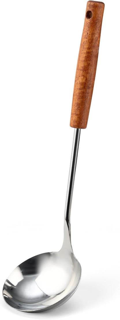 FJNATINH Soup Ladle, Food Grade Stainless Steel Ladle, Cooking Soup Spoon Kitchen Tools with Heat Resistant Wooden Handle, 13.7 Inches by HOMEKITCHENTOOL