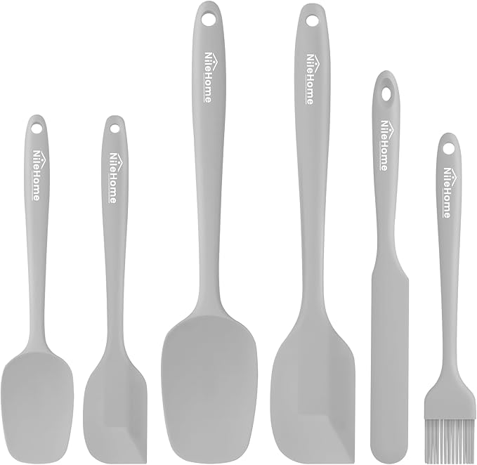 NileHome Silicone Spatula Set, 6 Pieces Food Grade Kitchen Utensils with Silicone Brush Heat Resistant Dishwasher Safe BPA-Free Rubber Spatula for Scraping, Baking, Cooking, Mixing-Grey by NileHome